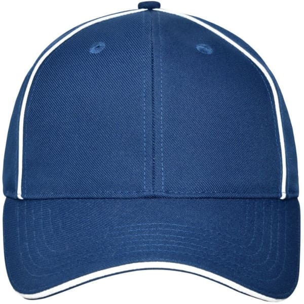 A solid blue six-panel workwear cap with contrasting white piping and an embroidered logo.