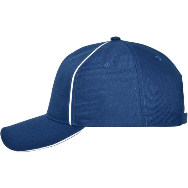 A solid navy blue cap featuring a curved peak and contrasting white stitching details, with one logo.