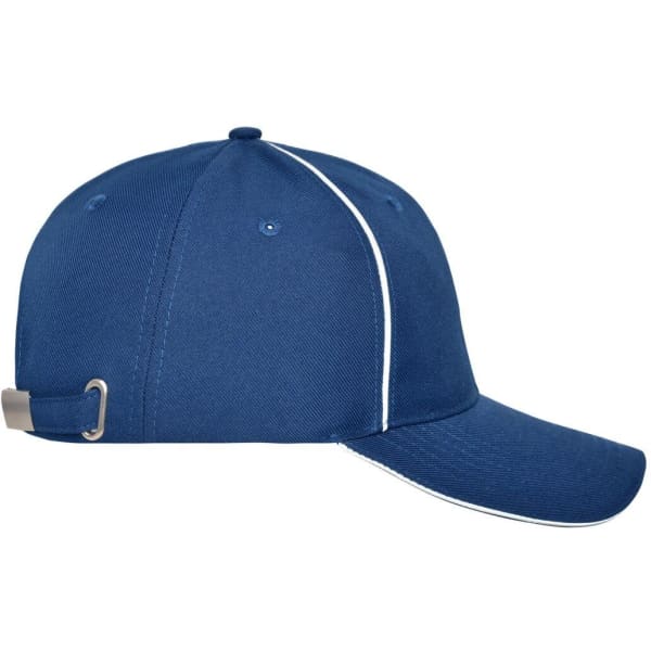 A solid navy blue cap with white piping, featuring a logo and an adjustable strap at the back.