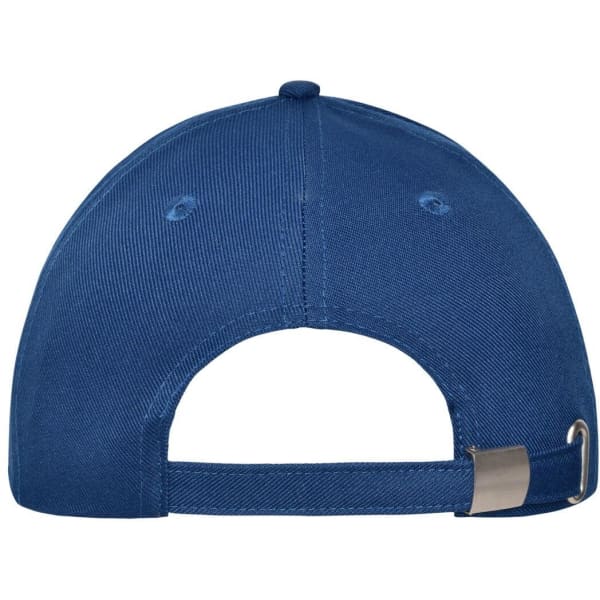 A blue 6 panel cap featuring a metal adjustment clip at the back and a logo.