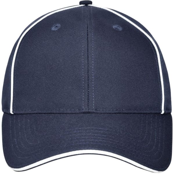 A navy blue six-panel workwear cap with contrasting white piping and a logo on the front.