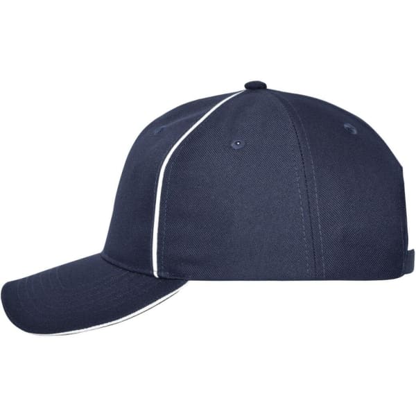 A navy blue 6-panel workwear cap with white detailing and an adjustable strap at the back. Features a logo.