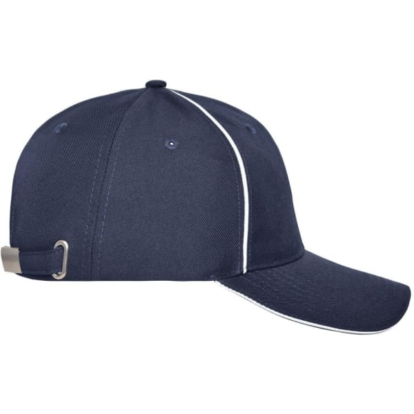A solid navy blue 6 panel workwear cap featuring a white trim and an adjustable strap at the back.