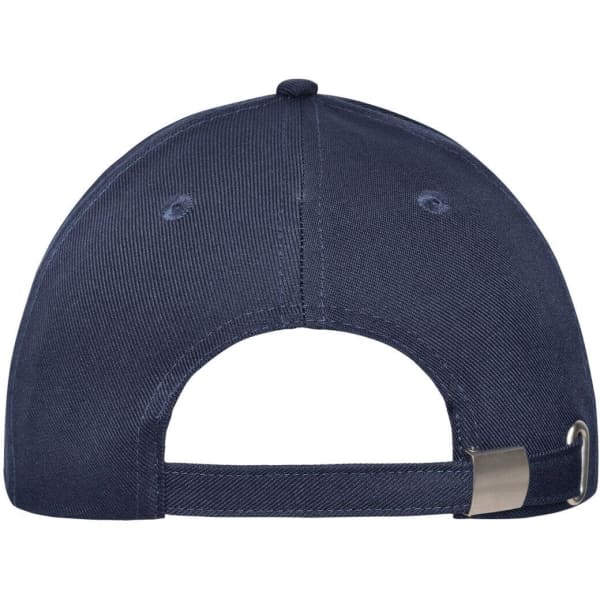 A navy blue 6-panel workwear cap with a buckle at the back and ventilation holes. It features a logo label.