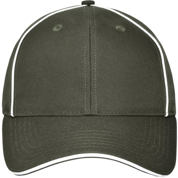 A solid olive-green cap with white piping and a logo on the front.