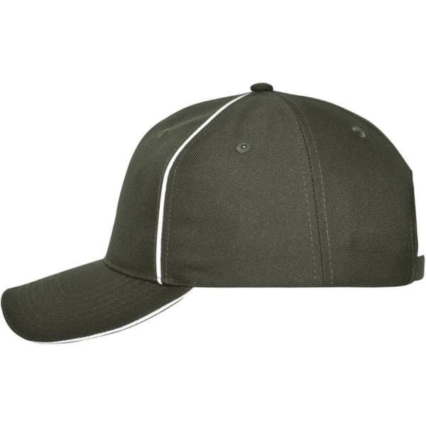 A solid olive green 6 panel workwear cap with white detailing and a branded logo on the side.