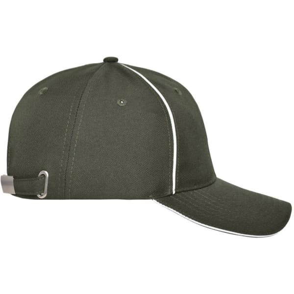 A 6-panel workwear cap in dark green with white detailing and a logo on the side.