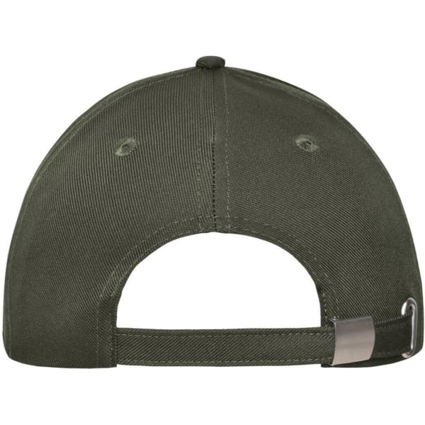 A solid green 6 panel workwear cap with a curved brim and an adjustable back strap. It features a logo on the side.