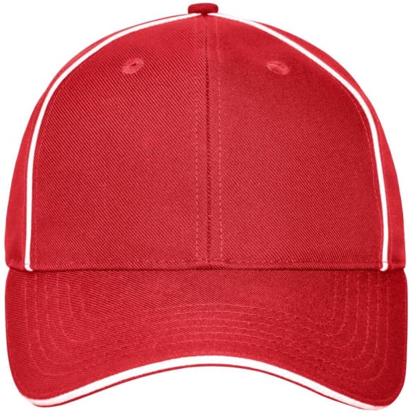 A red six-panel workwear cap with white piping and a logo on the front.