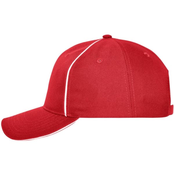 A red six-panel cap with a curved brim and contrasting white piping, featuring a branding logo.
