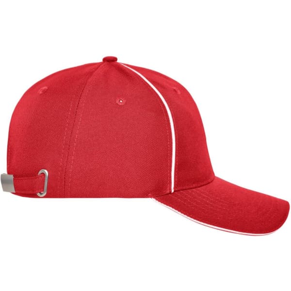 A red six-panel workwear cap with a curved brim and contrasting white piping, featuring a logo on the side.