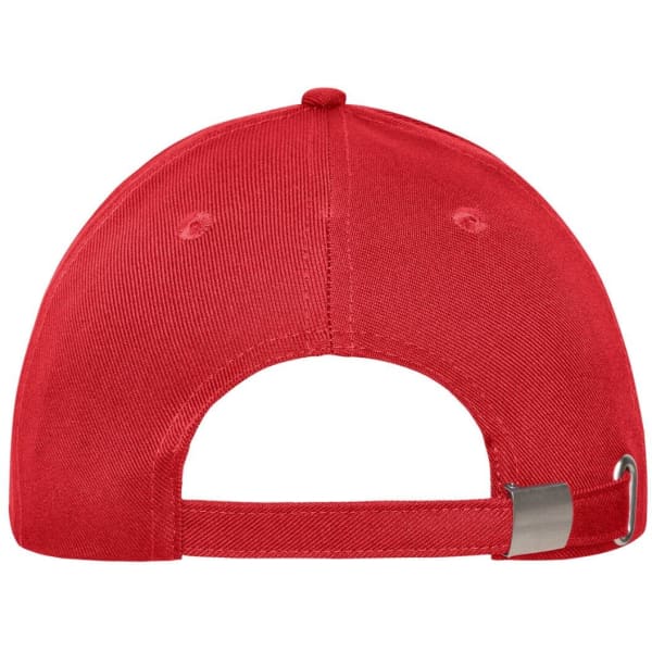 A solid red six-panel cap featuring a rear strap and a metal adjustment feature. It includes a logo.
