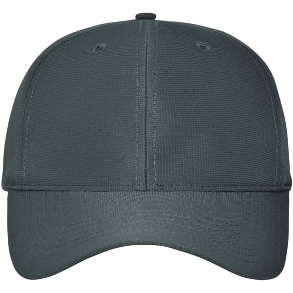 A grey six-panel workwear cap with a curved peak and a logo on the front. Suitable for casual wear.