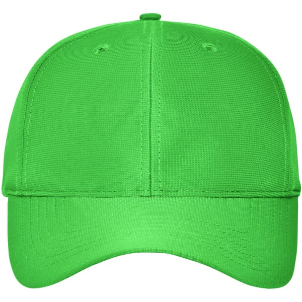 A bright green 6 panel workwear cap featuring a structured design and a logo on the front.