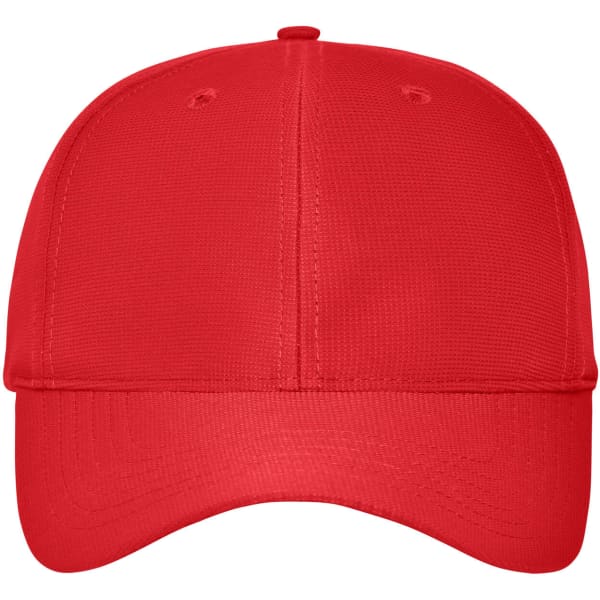 A red 6-panel workwear cap with a structured front and a logo.