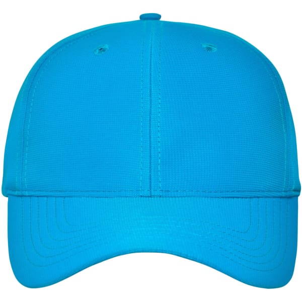 A blue six-panel workwear cap featuring a structured design and a logo on the front.