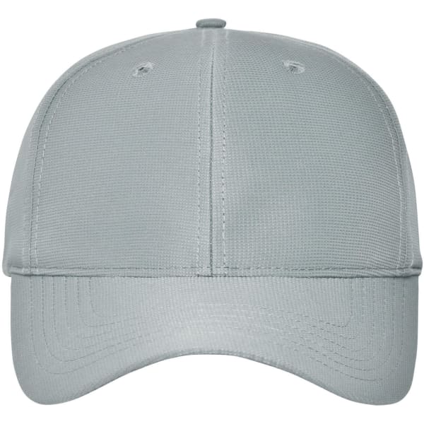A grey six panel workwear cap featuring a structured design and a logo on the front.
