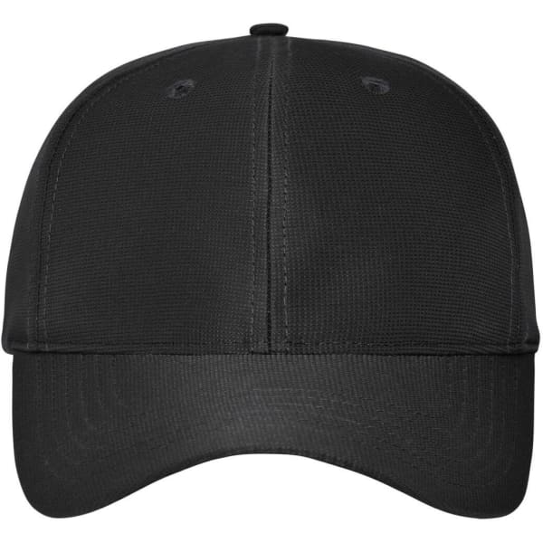 A black six-panel workwear cap with a solid design and a logo on the front.