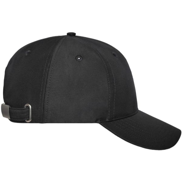 A black six-panel workwear cap featuring a back adjustment strap and a logo.