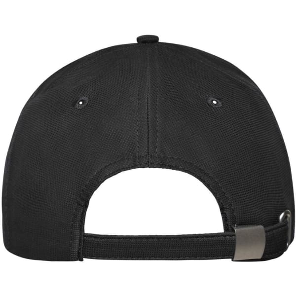 A black 6-panel workwear cap featuring a rear adjustable strap and ventilation holes. It has a logo on the back.