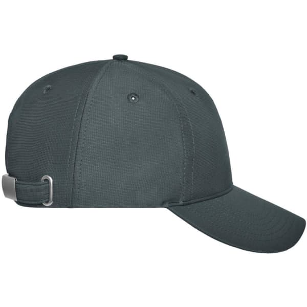 A dark grey six-panel workwear cap featuring a buckle adjustment at the back and a simple logo.