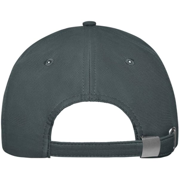 A grey six-panel workwear cap with a branded logo and an adjustable strap at the back.