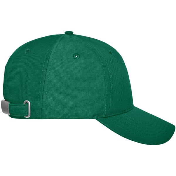 A green 6-panel workwear cap featuring a logo and an adjustable strap at the back.