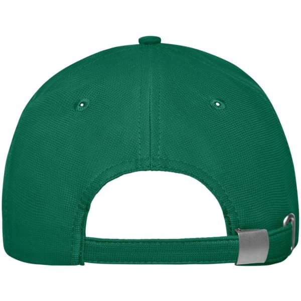 A green 6-panel workwear cap, featuring a strap at the back and ventilation holes. It includes a logo.