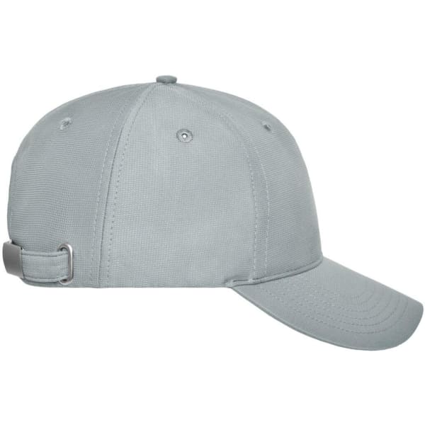A grey six-panel workwear cap with a structured crown and adjustable strap at the back. Features a logo.