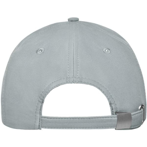 A grey six-panel workwear cap featuring a rear adjustable strap and a logo.