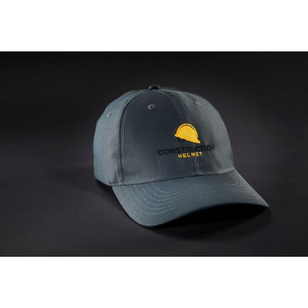 A grey six-panel workwear cap with a logo featuring a construction helmet.