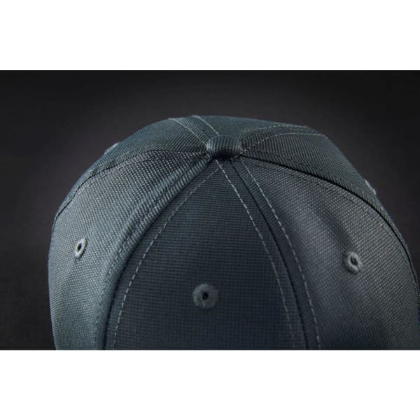 A dark grey 6 panel workwear cap featuring ventilation holes and a branded logo.