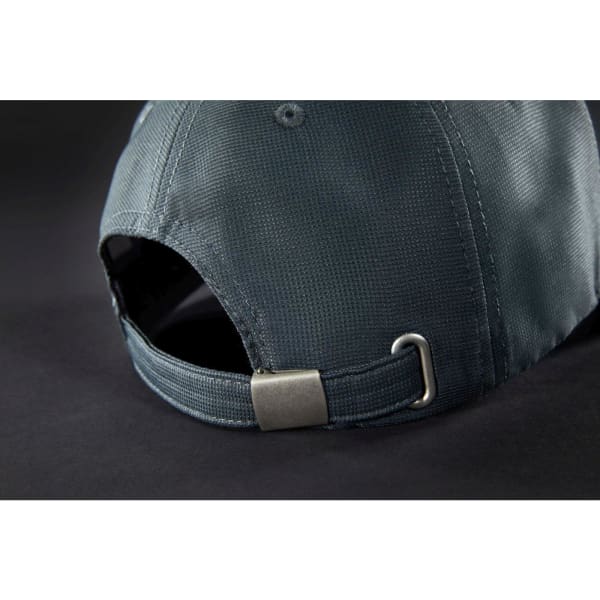 A grey 6-panel workwear cap featuring an adjustable strap and a logo on the side.