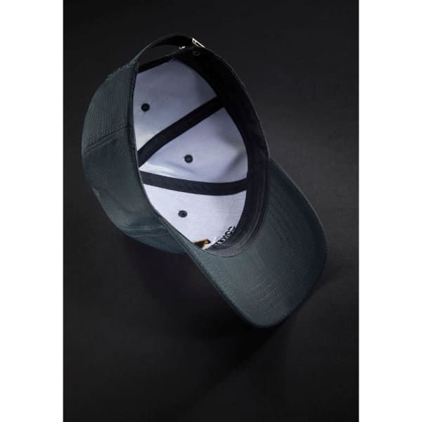 A 6-panel workwear cap in dark grey with a white interior and a logo visible inside.