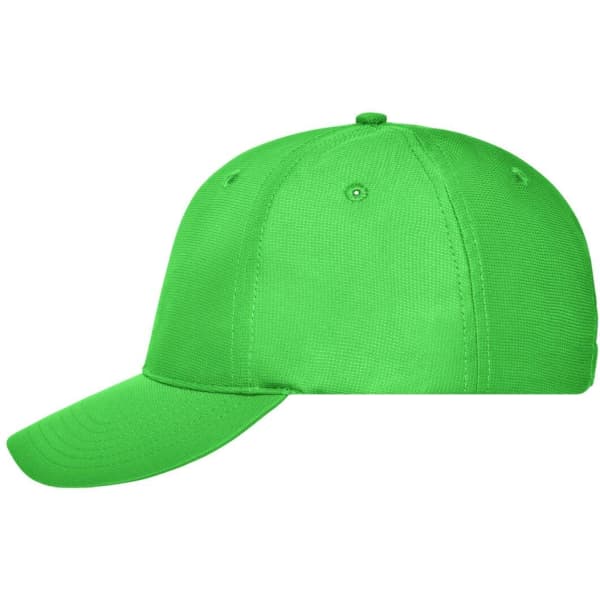 A green 6 panel workwear cap with a curved brim and a logo on the front.