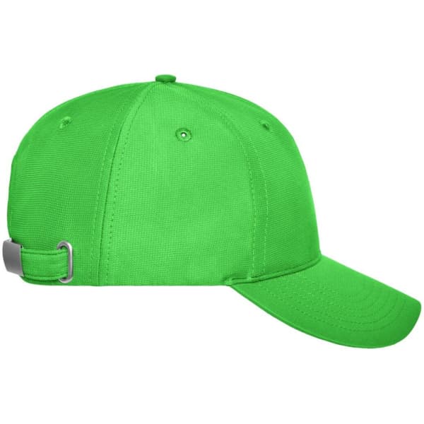 A vibrant green 6-panel workwear cap with an adjustable strap at the back and a logo on the side.
