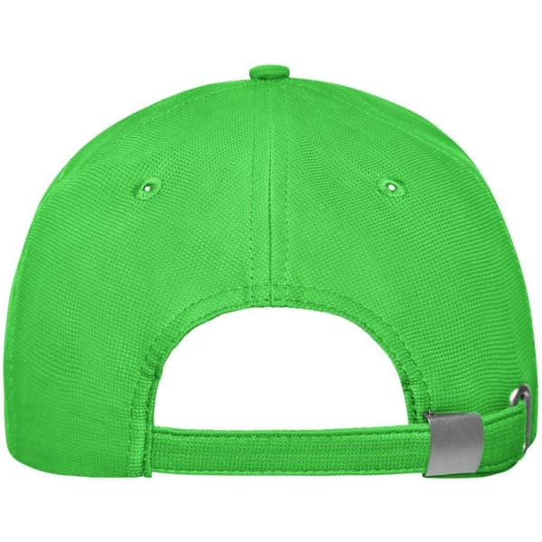 A vibrant green 6 panel workwear cap with an adjustable strap and a branding logo on the back.