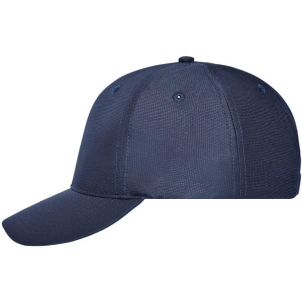 A navy blue six-panel workwear cap with a curved brim and a logo on the front.
