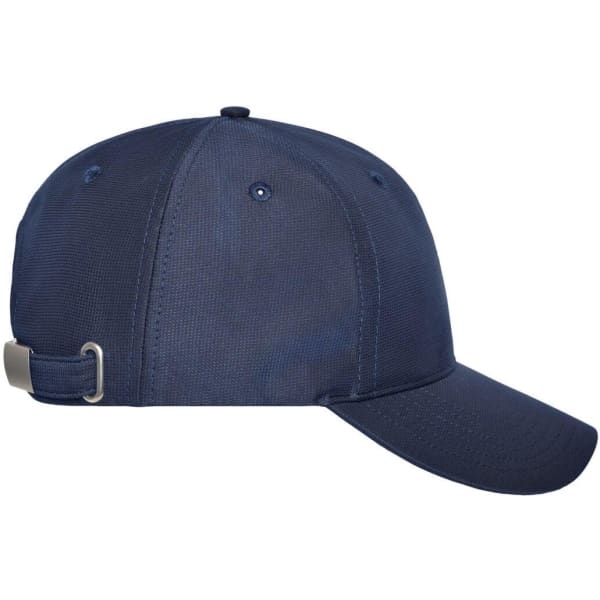 A navy blue 6-panel workwear cap with a curved brim and an adjustable strap at the back, featuring a logo.