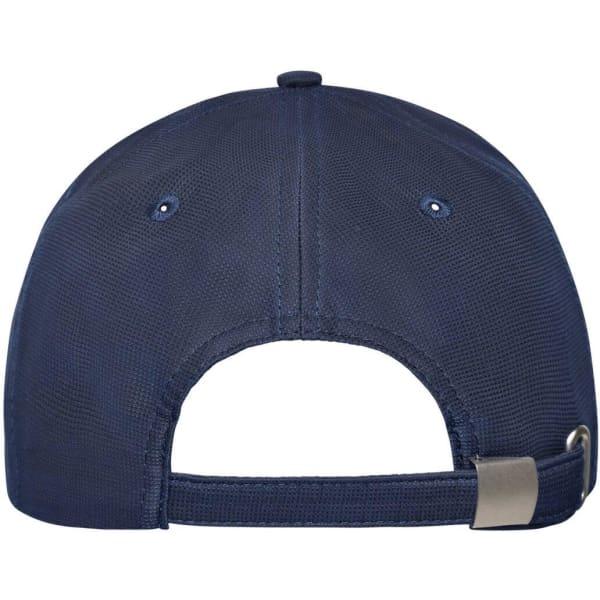 A navy blue 6 panel workwear cap with a rear adjustable strap and a logo on the back.