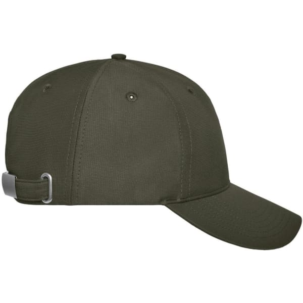 A six-panel workwear cap in dark olive green featuring a branded logo and an adjustable strap.