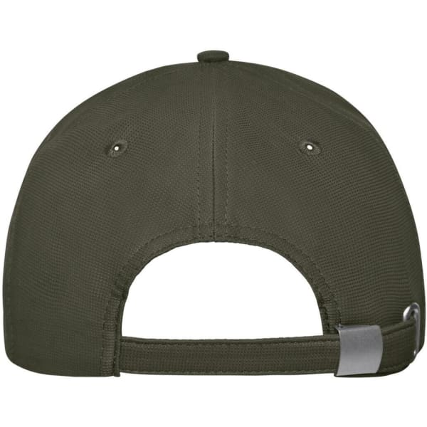 A 6 Panel Workwear Cap in olive green with a branded logo and adjustable strap at the back.
