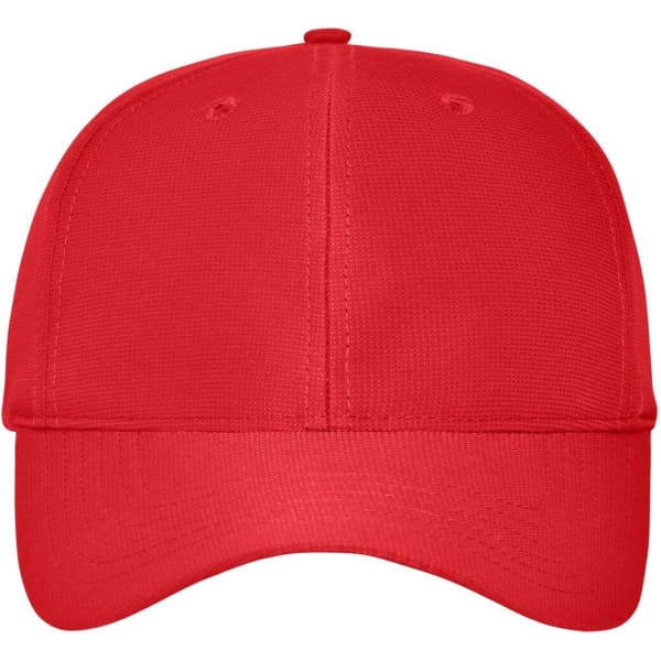 A red six-panel workwear cap featuring a structured design and a branding logo on the front.