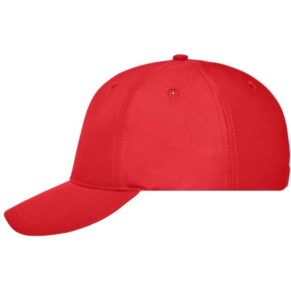 A red 6 panel workwear cap featuring a structured design and a logo.
