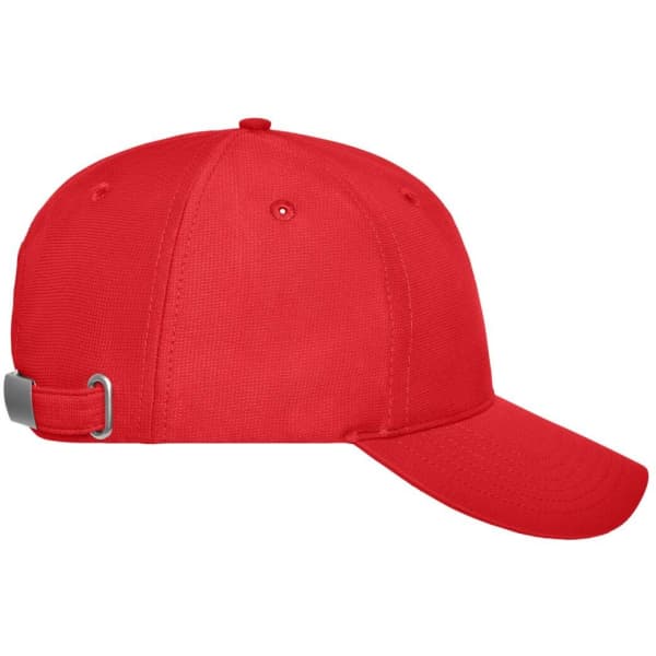 A red six-panel workwear cap with a curved brim and an adjustable strap at the back, featuring a logo.