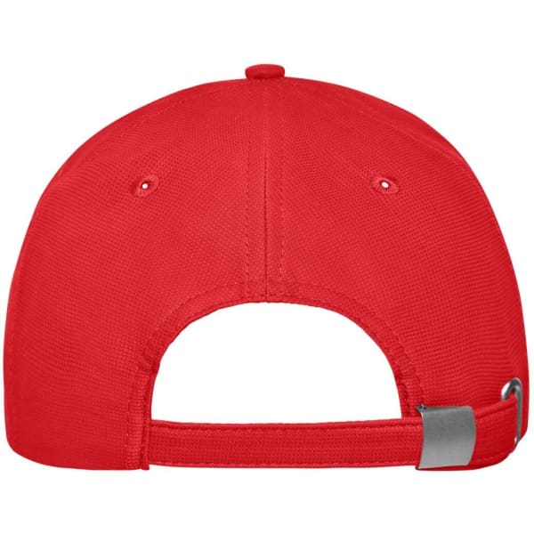 A red 6-panel workwear cap featuring an adjustable strap at the back and a logo.