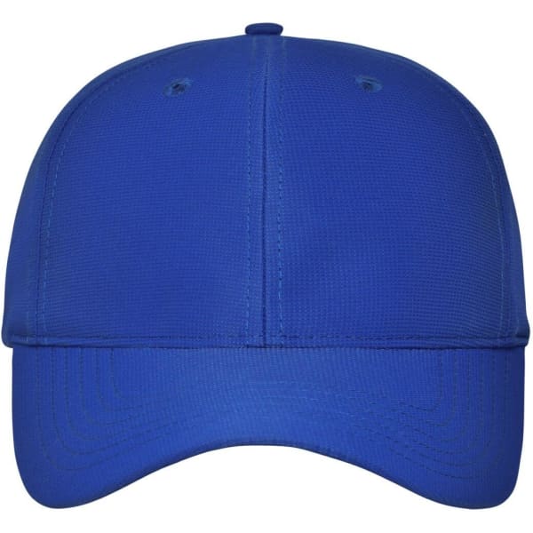 A blue 6 panel workwear cap with a smooth fabric finish and a logo on the front.