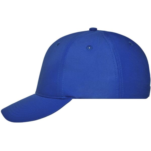 A blue six-panel workwear cap featuring a curved peak and ventilation holes, with a logo on the side.