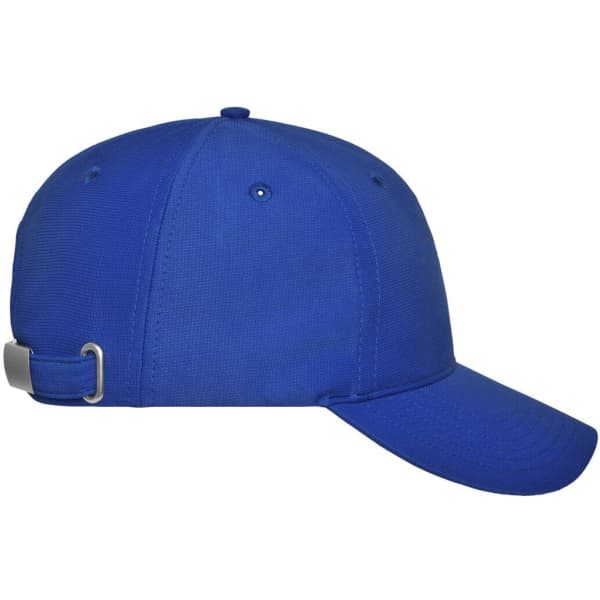 A blue 6-panel workwear cap featuring an adjustable strap and a logo on the side.
