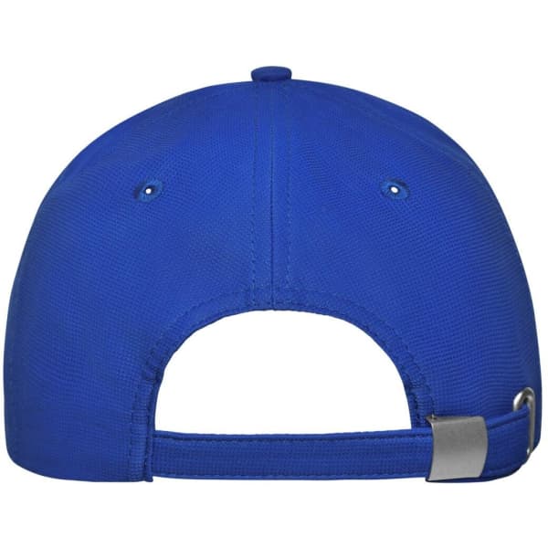 A blue six-panel workwear cap featuring a rear strap and a logo.